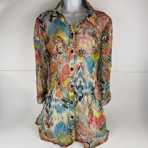 Y2K City Girl Cover-Up Blouse Women's SZ Large‎ Multicolor Abstract Mesh Overlay